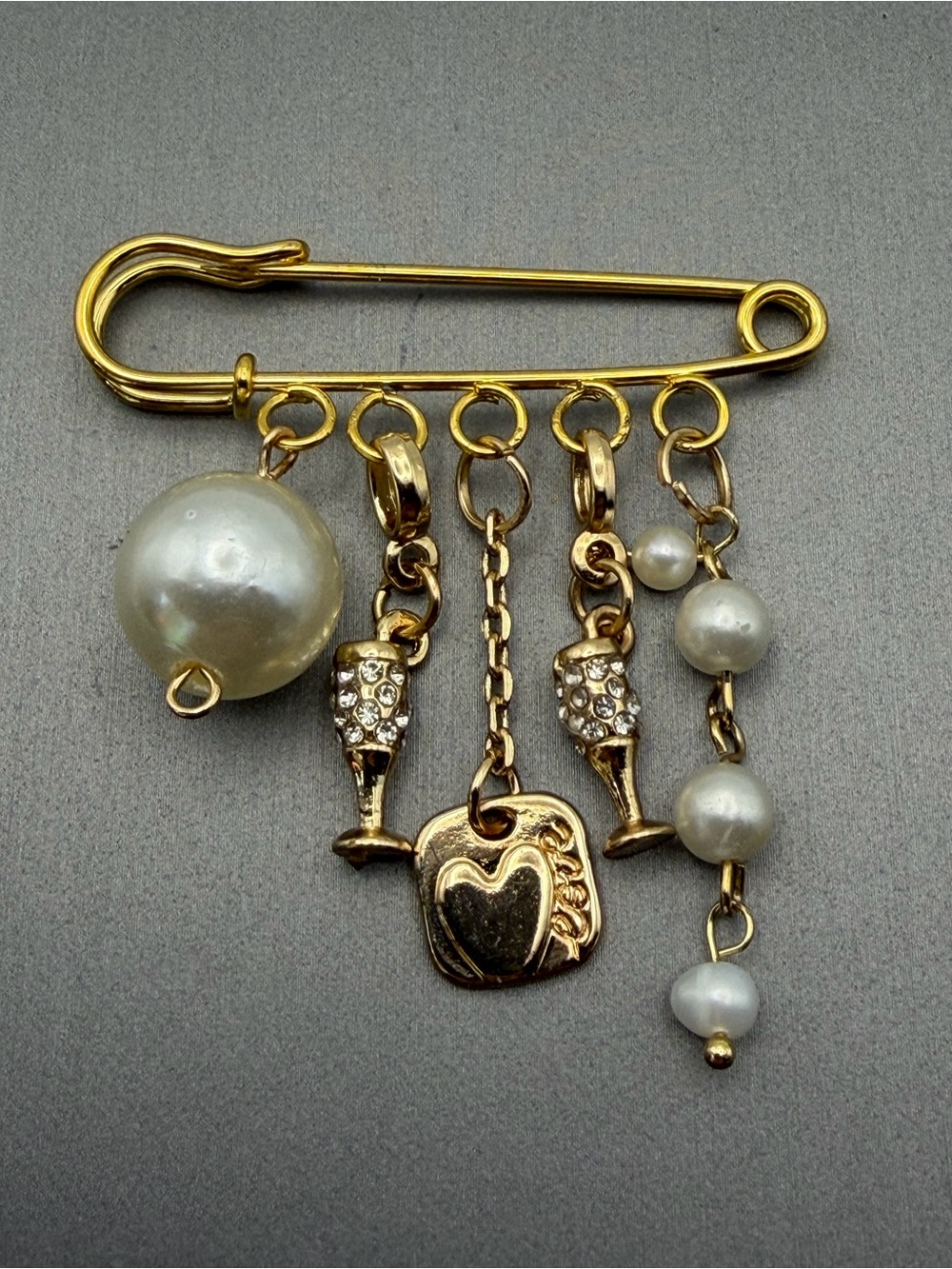 Faux Pearl Love Champagne Rhinestone Charm Gold Tone Safety Pin Brooch